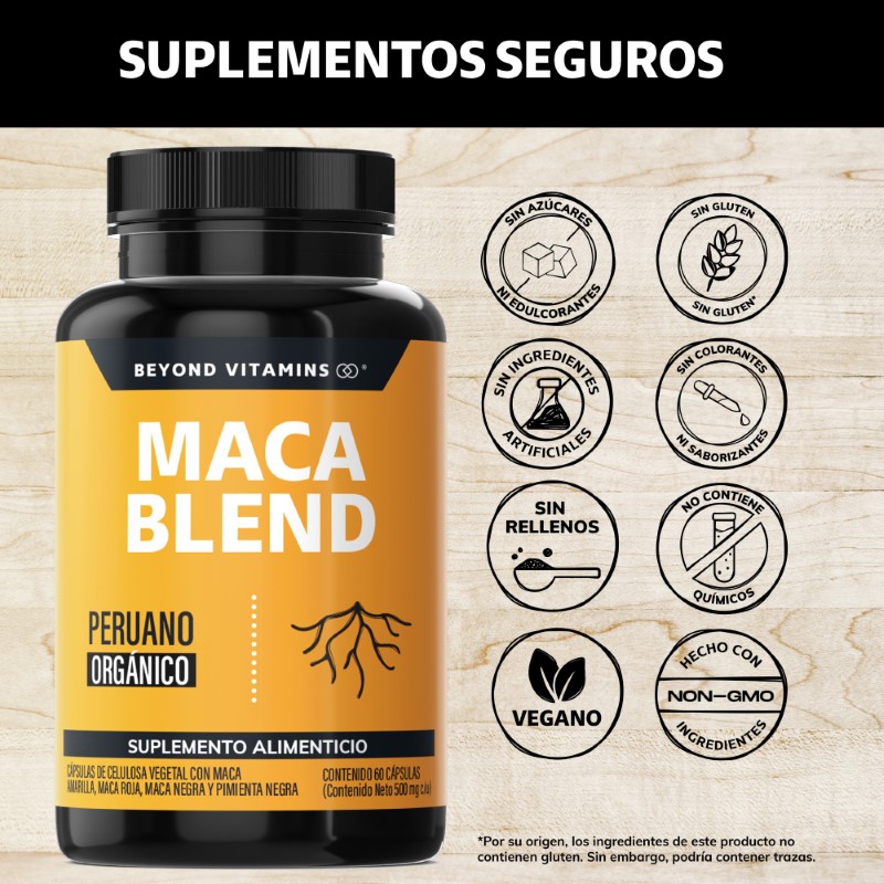 Suplemento Alimenticio Maca Blend Maca Amarilla, Maca Negra, Maca Roja y Pimienta Negra Beyond Vitamins 60 cápsulas