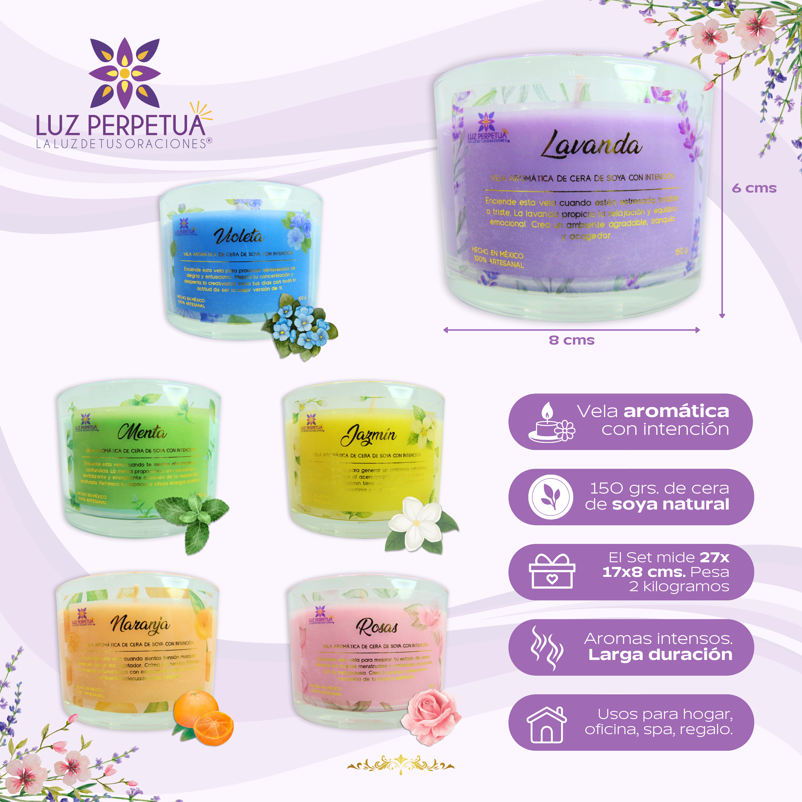 Juego de 6 Velas Aromáticas. Estuche Premium de Velas Artesanales. Set de Velas de Cera de Soya