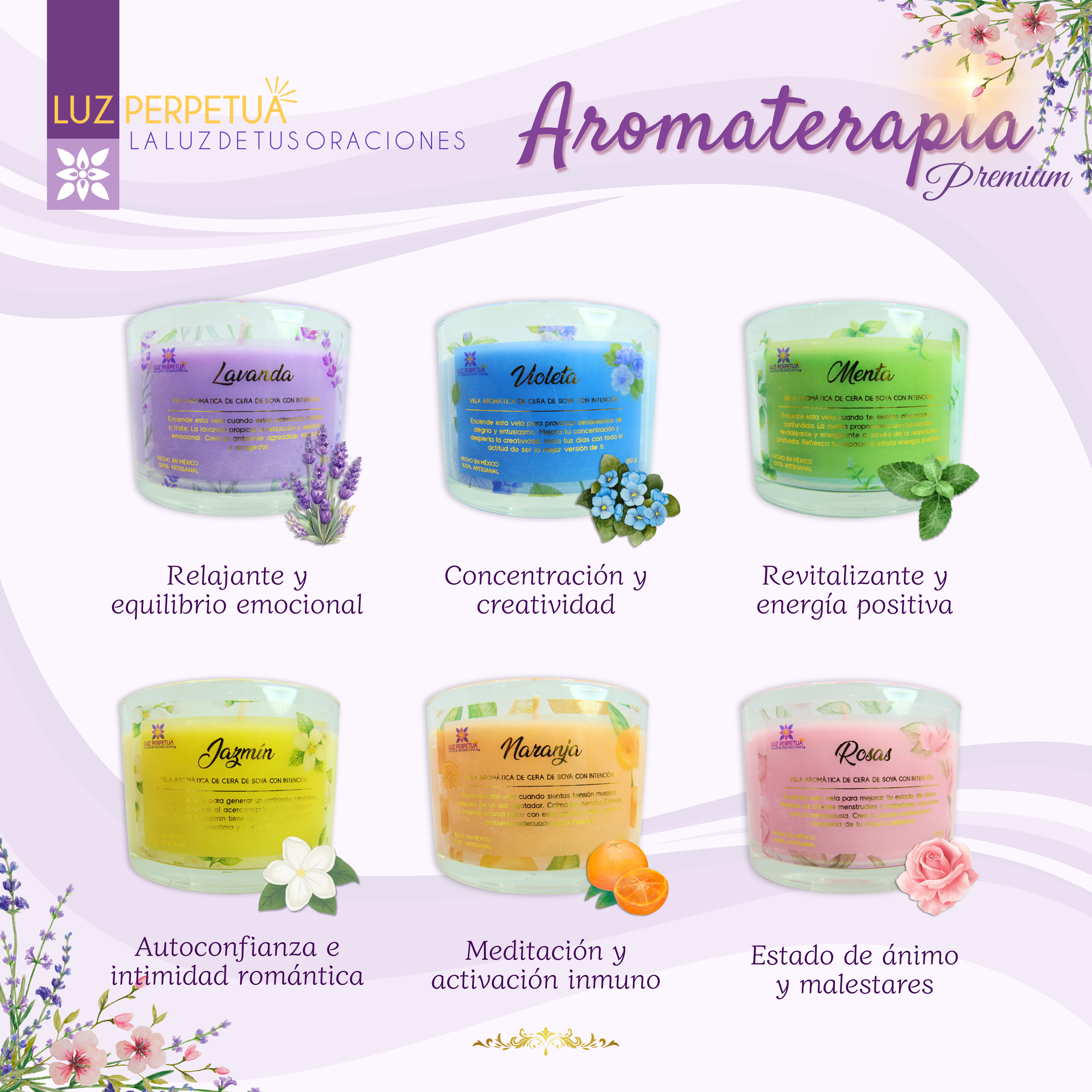Juego de 6 Velas Aromáticas. Estuche Premium de Velas Artesanales. Set de Velas de Cera de Soya