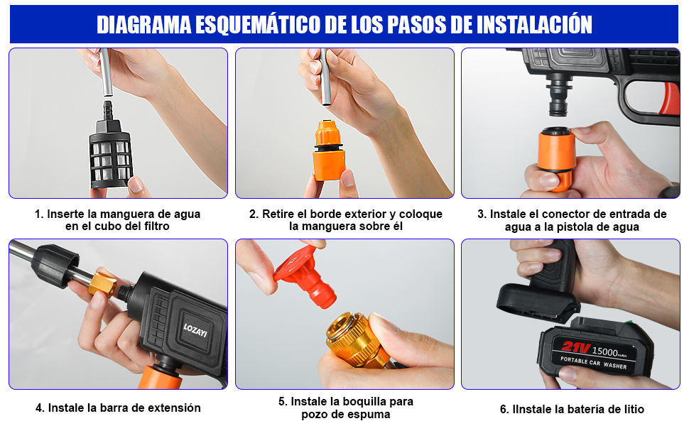 Pistola de agua a presion, 500 PSI Hidrolavadora Inalambrica,con 3 Boquilla, 5m Manguera y Kit de Batería de 24V y Cargador, para Limpieza de Exteriores de Automóviles