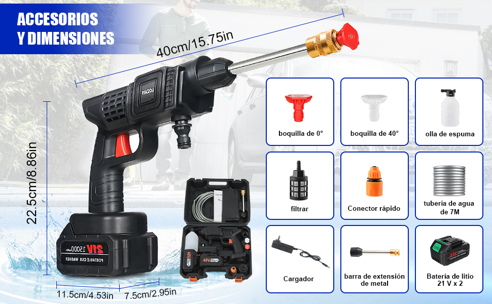 Pistola de agua a presion, 500 PSI Hidrolavadora Inalambrica,con 3 Boquilla, 5m Manguera y Kit de Batería de 24V y Cargador, para Limpieza de Exteriores de Automóviles