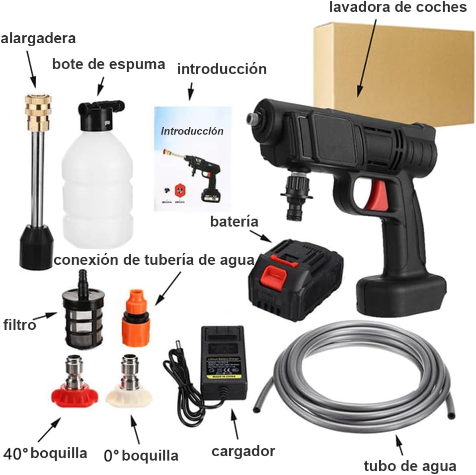 Pistola de agua a presion, 500 PSI Hidrolavadora Inalambrica,con 3 Boquilla, 5m Manguera y Kit de Batería de 24V y Cargador, para Limpieza de Exteriores de Automóviles