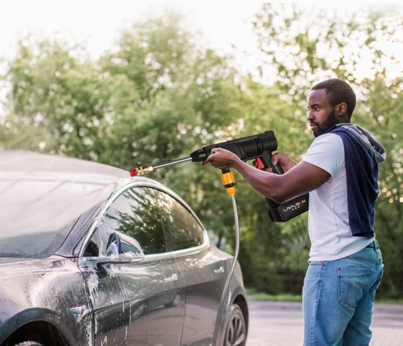 Pistola de agua a presion, 500 PSI Hidrolavadora Inalambrica,con 3 Boquilla, 5m Manguera y Kit de Batería de 24V y Cargador, para Limpieza de Exteriores de Automóviles