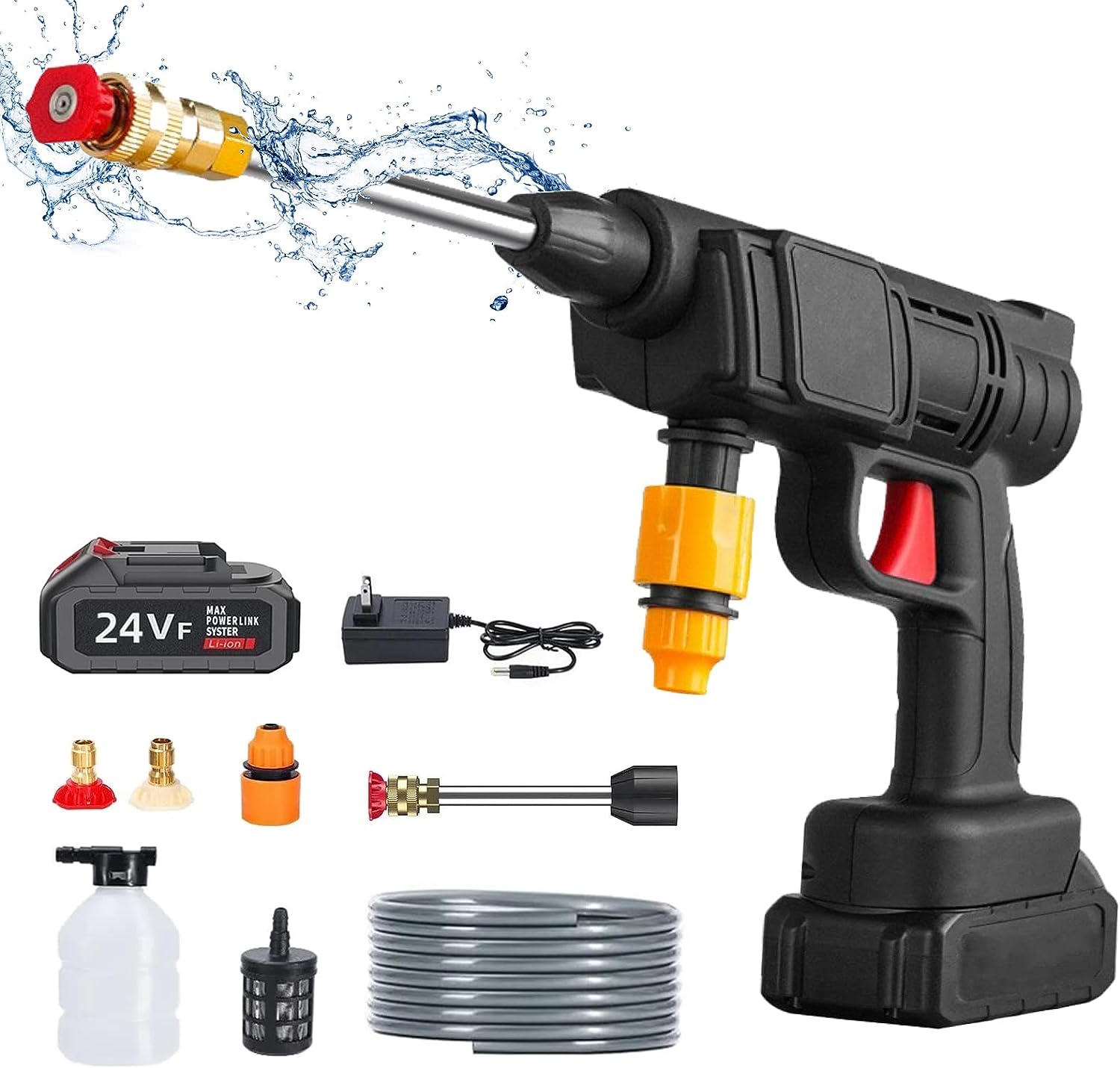 Pistola de agua a presion, 500 PSI Hidrolavadora Inalambrica,con 3 Boquilla, 5m Manguera y Kit de Batería de 24V y Cargador, para Limpieza de Exteriores de Automóviles