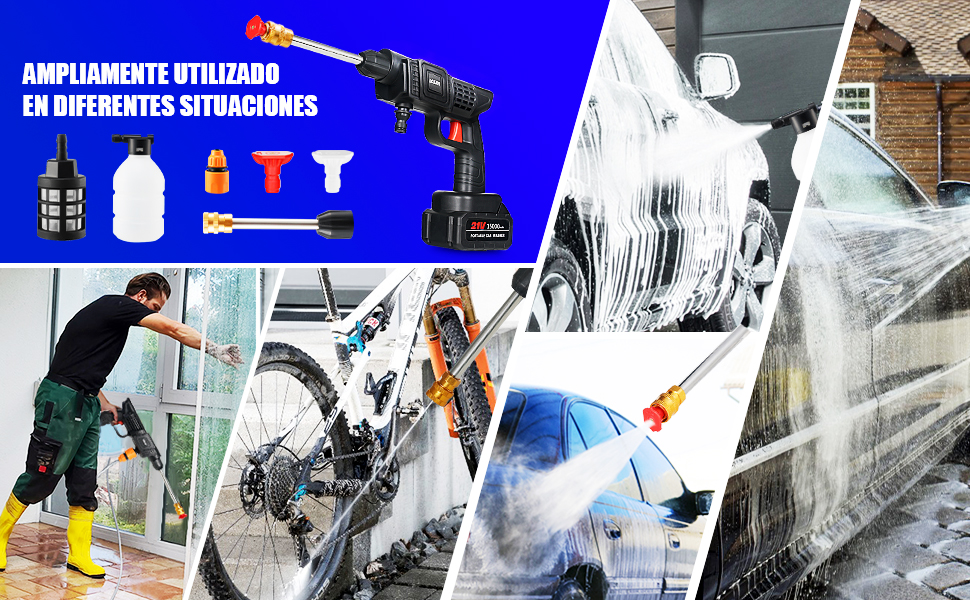 Pistola de agua a presion, 500 PSI Hidrolavadora Inalambrica,con 3 Boquilla, 5m Manguera y Kit de Batería de 24V y Cargador, para Limpieza de Exteriores de Automóviles