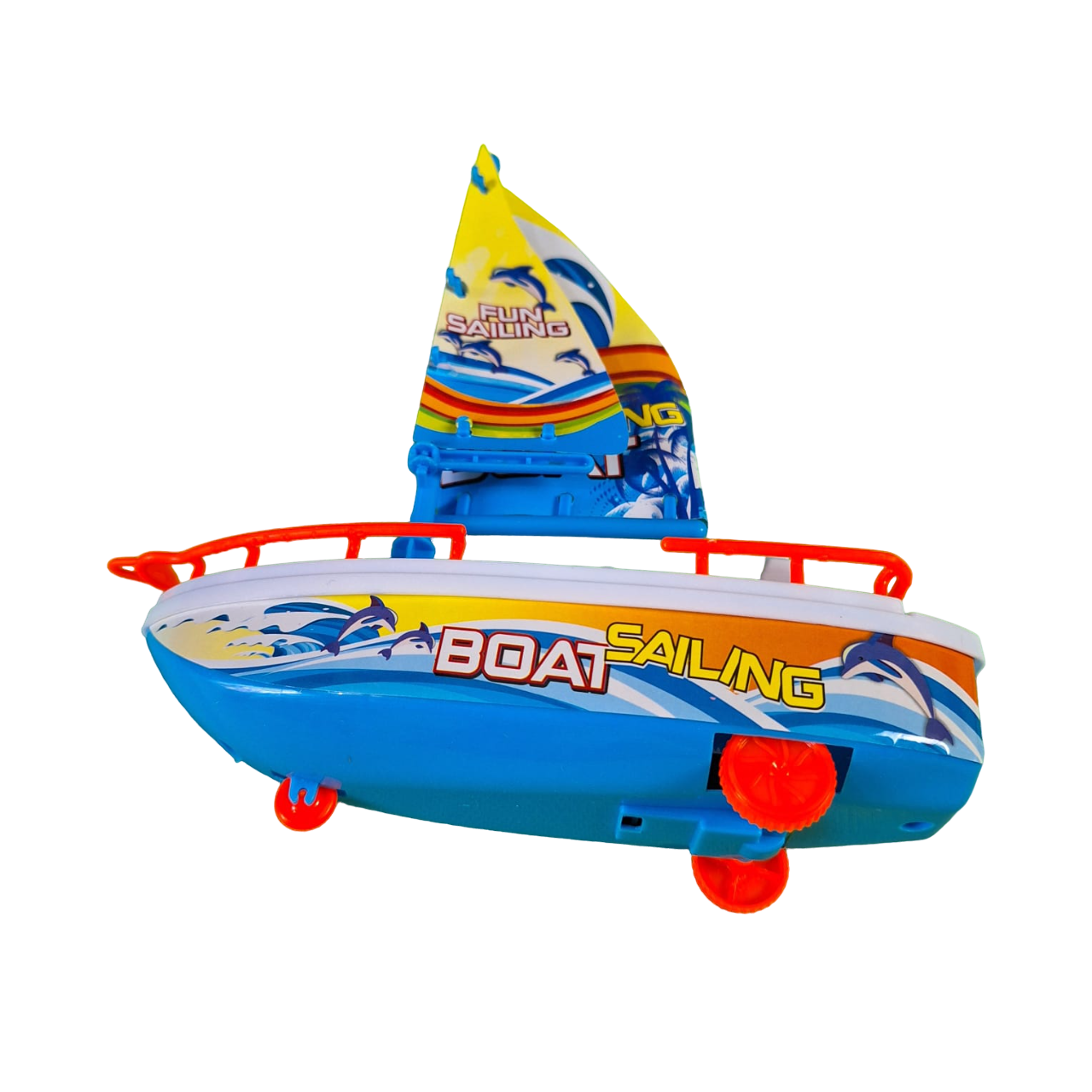 Barco Velero Color Blanco Con Azul Con Ruedas De Fricción Juguete De Niños