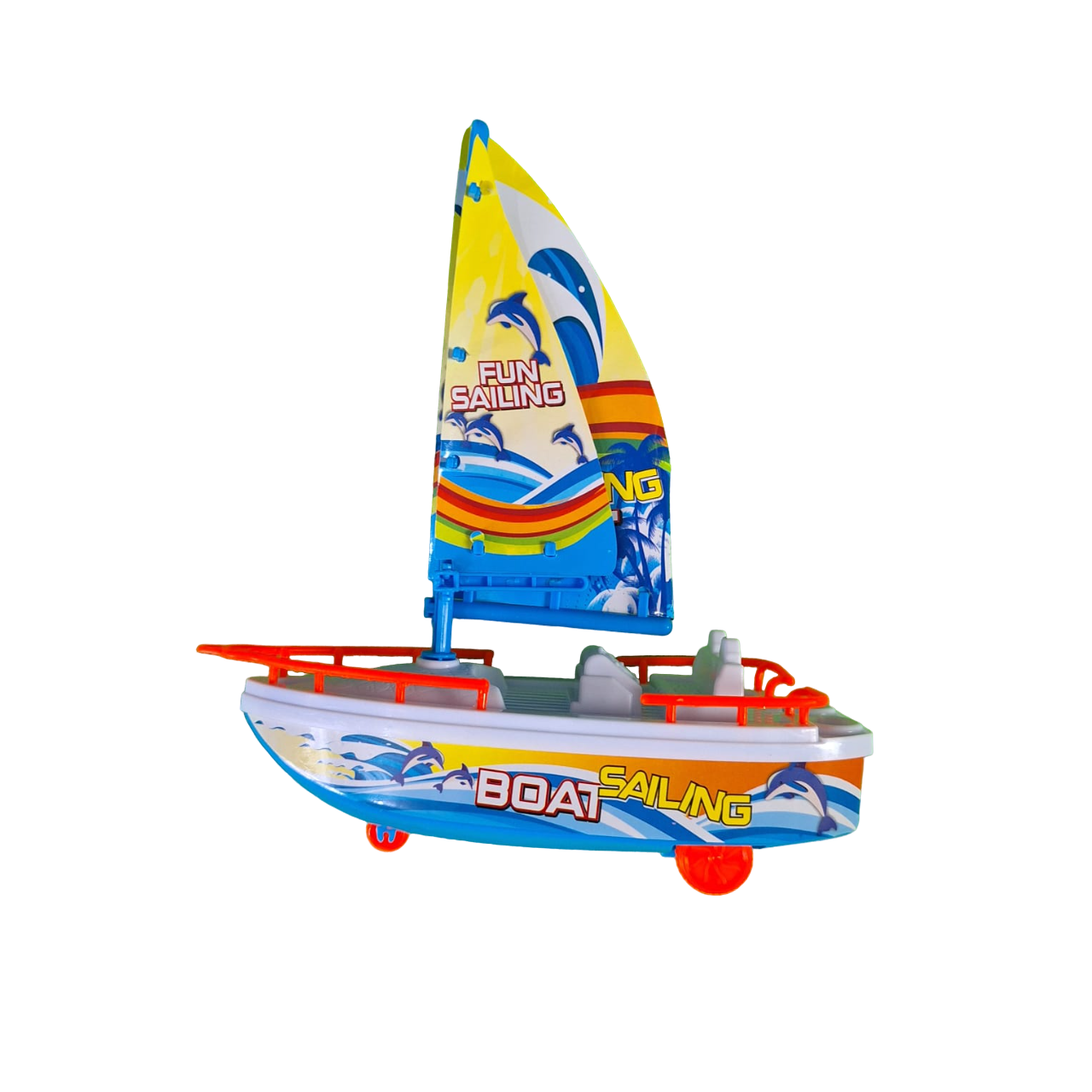 Barco Velero Color Blanco Con Azul Con Ruedas De Fricción Juguete De Niños