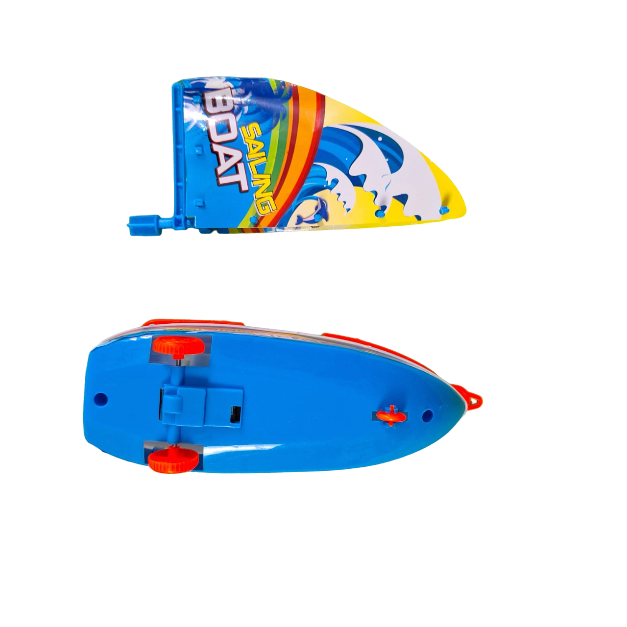 Barco Velero Color Blanco Con Azul Con Ruedas De Fricción Juguete De Niños