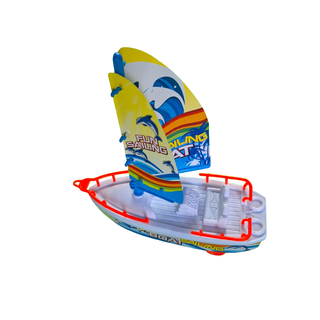 Barco Velero Color Blanco Con Azul Con Ruedas De Fricción Juguete De Niños