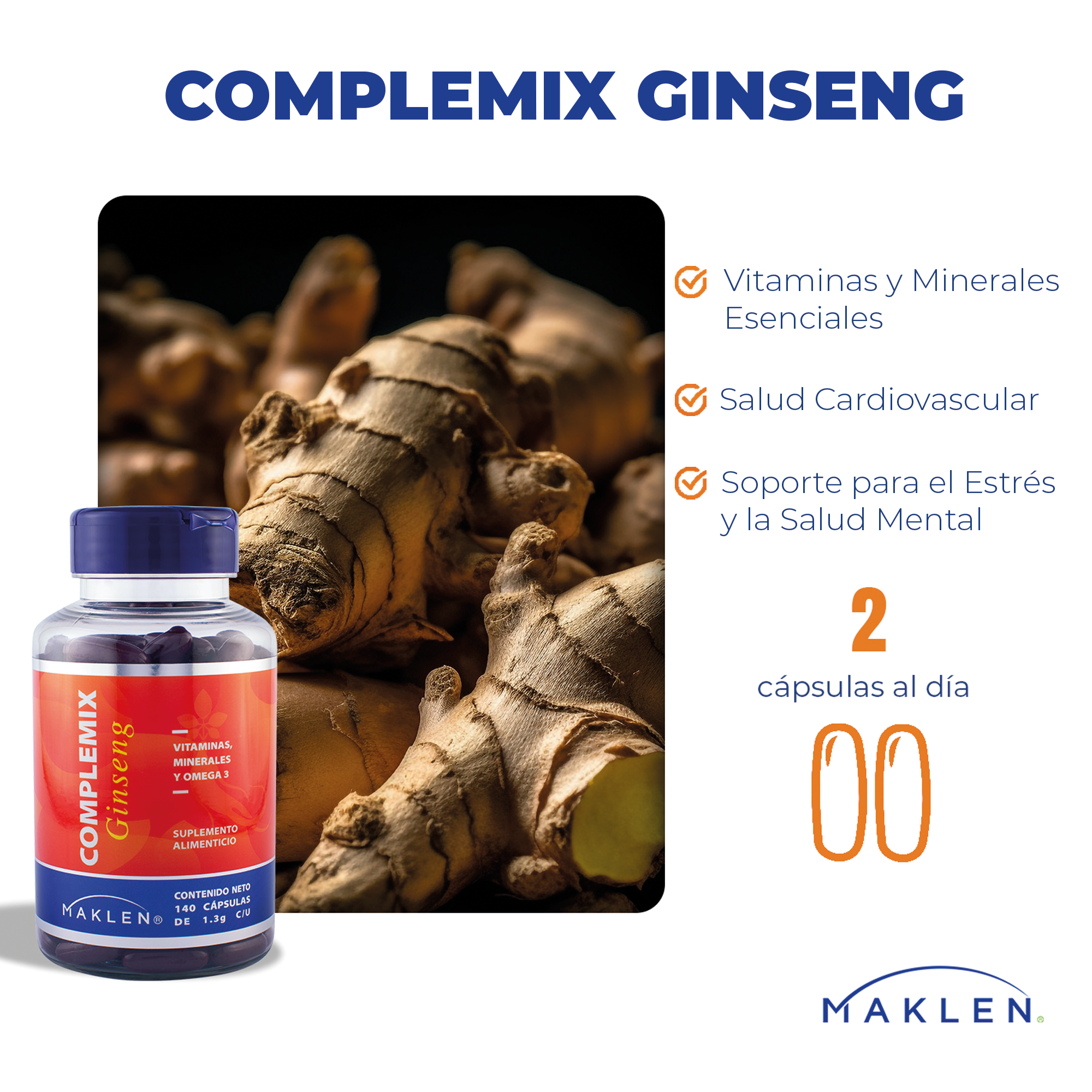 MAKLEN Complemix® GINSENG con Omega 3 | 140 Cápsulas Softgel de 1300mg