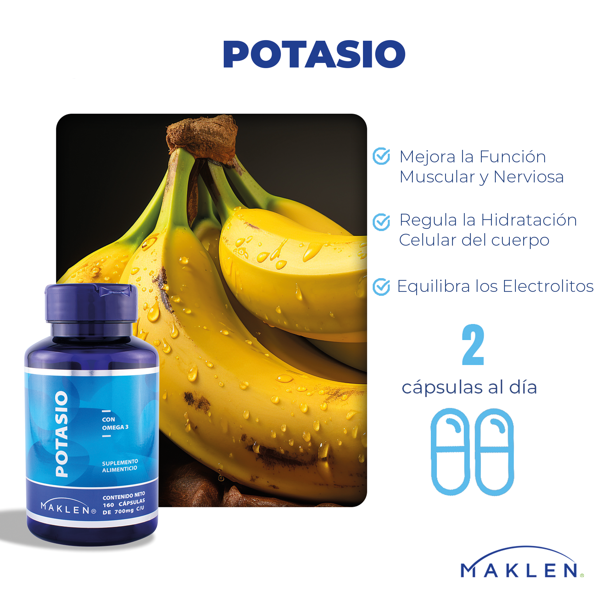 MAKLEN Citrato de Potasio con Omega 3 | 160 Capsulas de 700mg