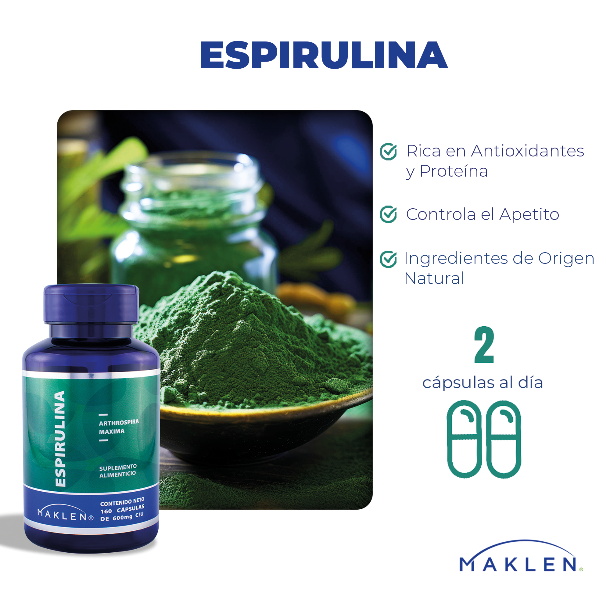 MAKLEN Alga Espirulina | 160 Cápsulas de 600mg