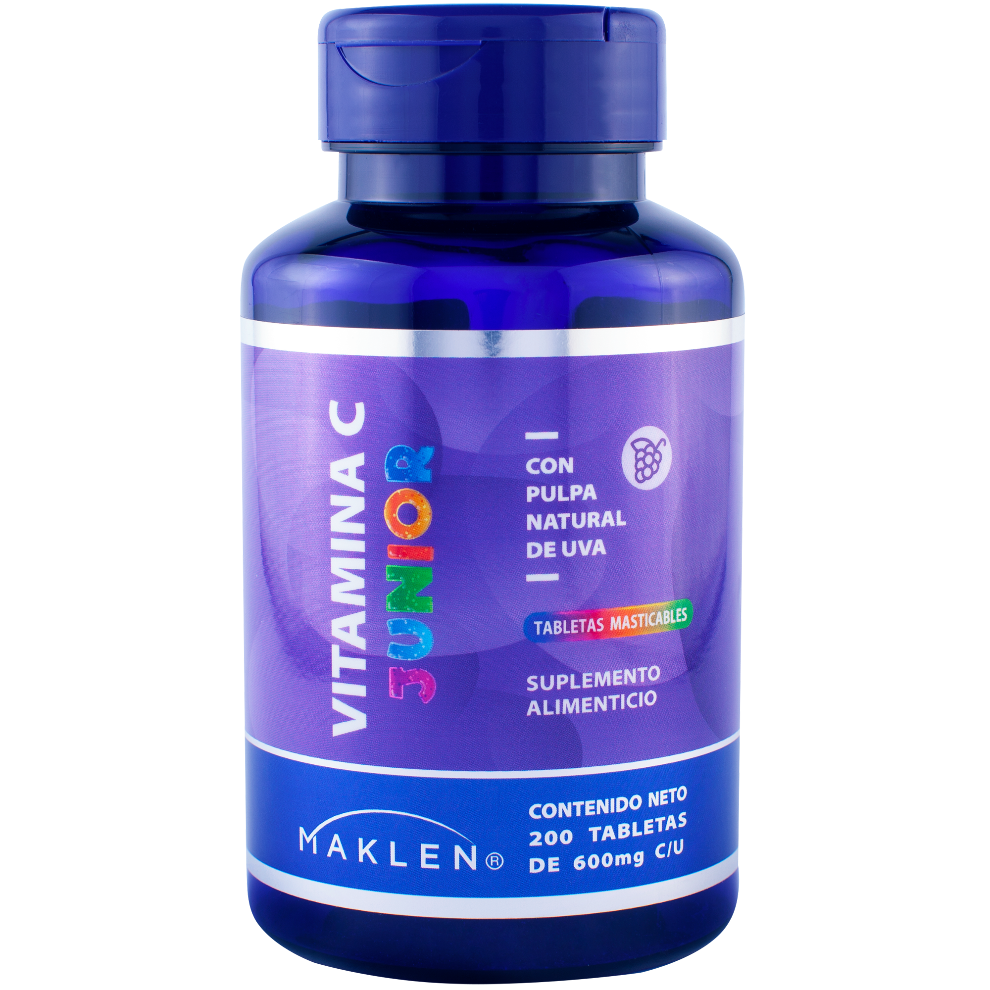 MAKLEN Vitamina C para Niños | 200 Tabletas Masticables con Pulpa Natural de Uva de 600mg