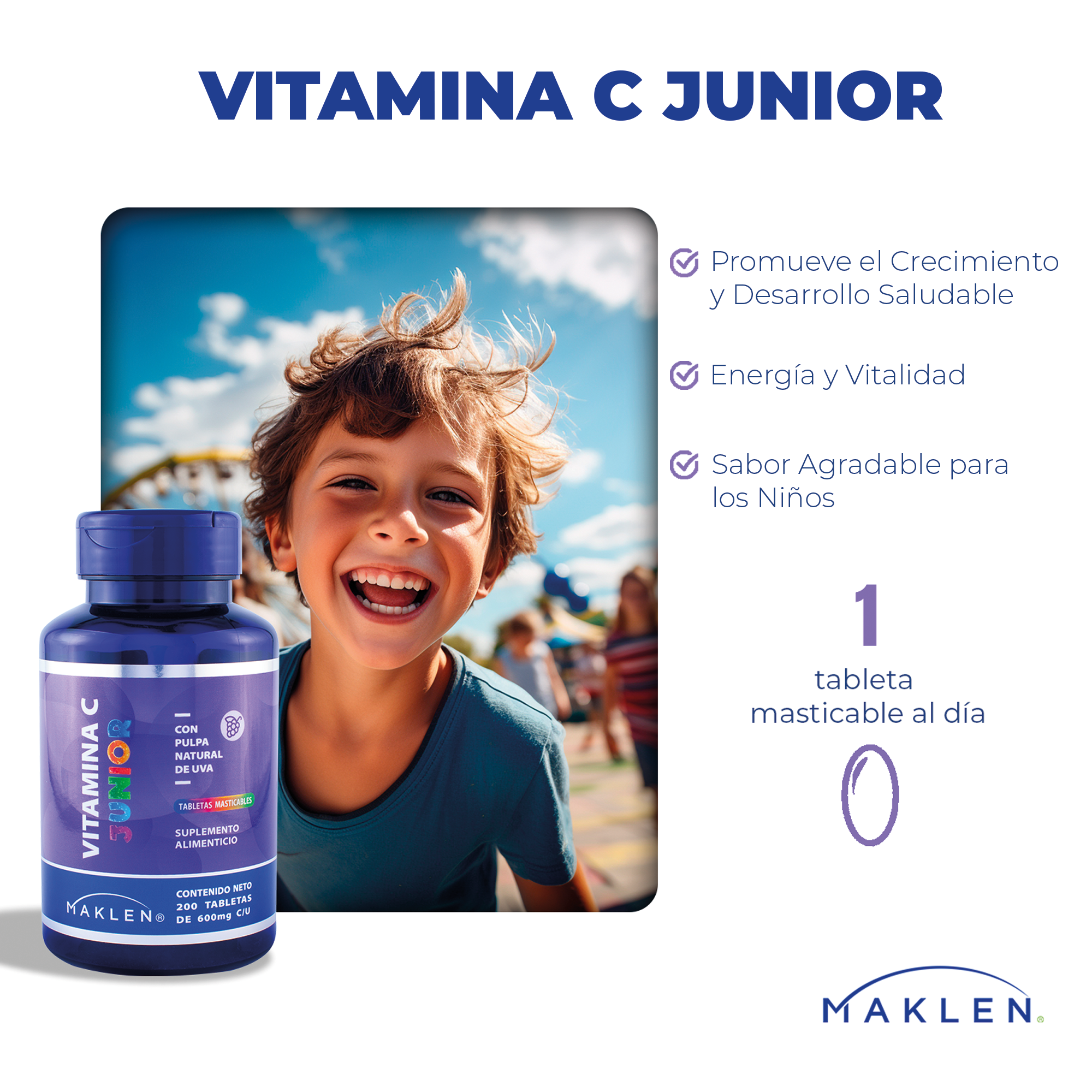 MAKLEN Vitamina C para Niños | 200 Tabletas Masticables con Pulpa Natural de Uva de 600mg