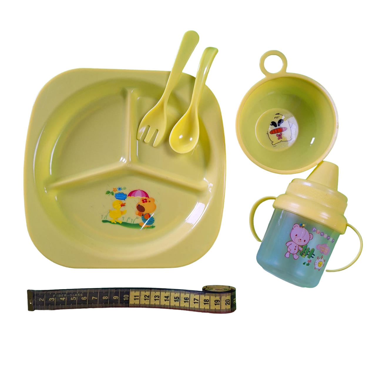 Juego De Plato, Taza, Cubiertos Vaso Entrenador Color Amarillo Para Bebes