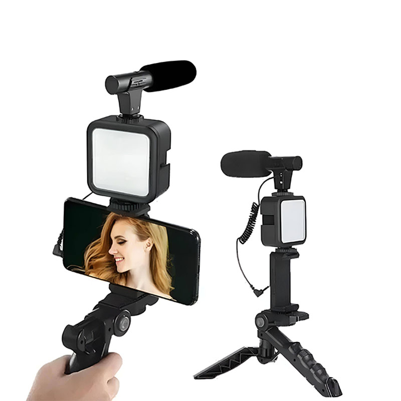 Soporte para celular 3 en 1, tripie, luz y micrófono.