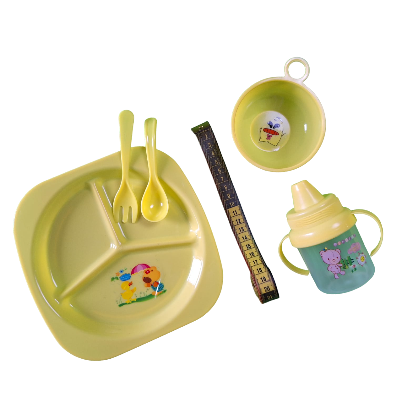Juego De Plato, Taza, Cubiertos Vaso Entrenador Color Amarillo Para Bebes