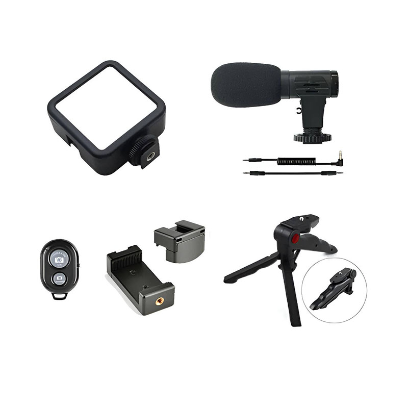 Soporte para celular 3 en 1, tripie, luz y micrófono.