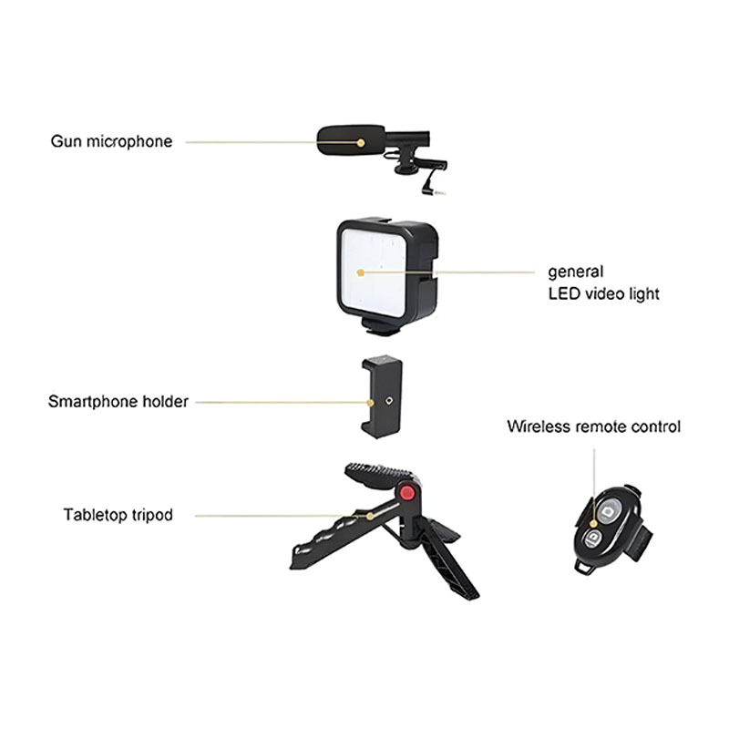 Soporte para celular 3 en 1, tripie, luz y micrófono.
