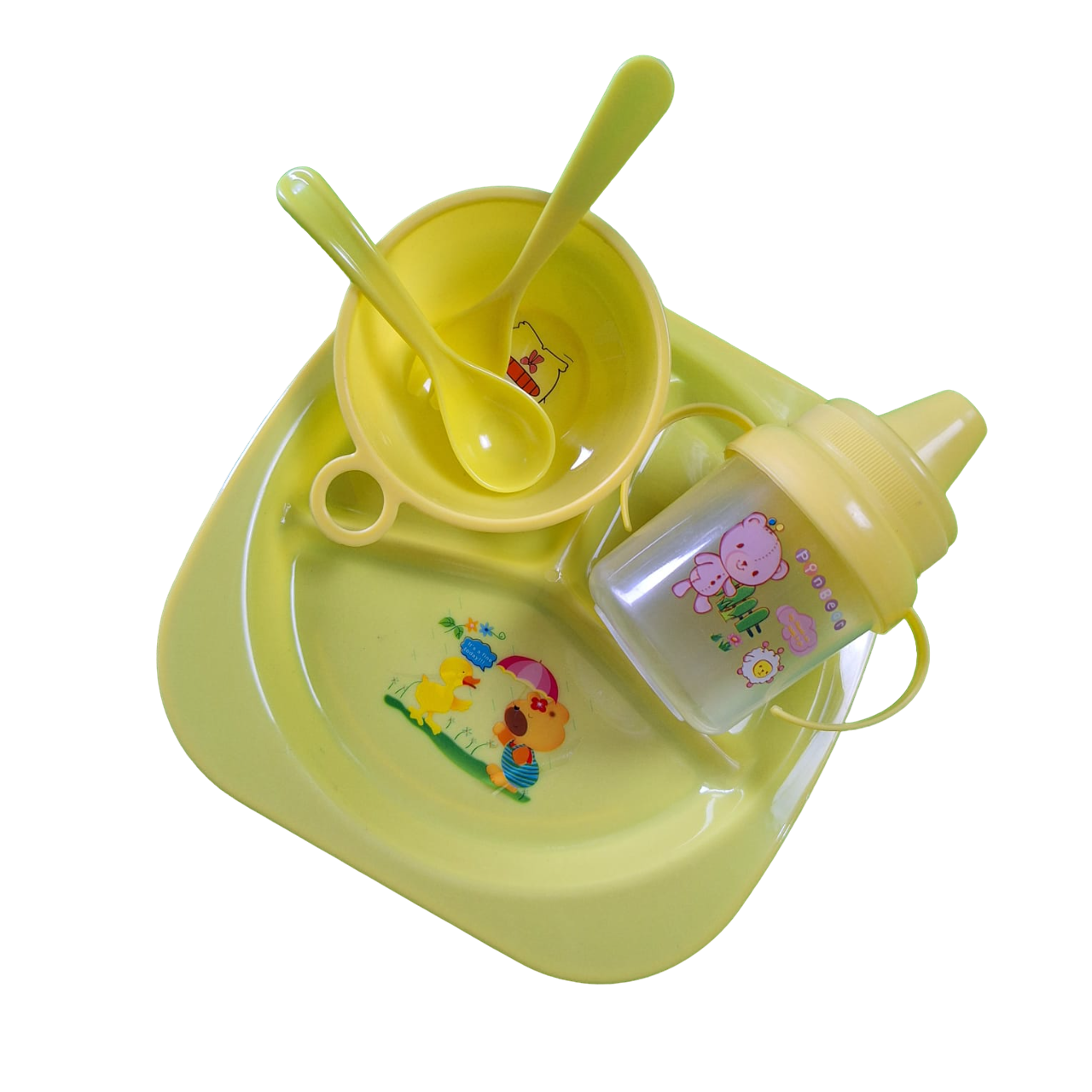 Juego De Plato, Taza, Cubiertos Vaso Entrenador Color Amarillo Para Bebes