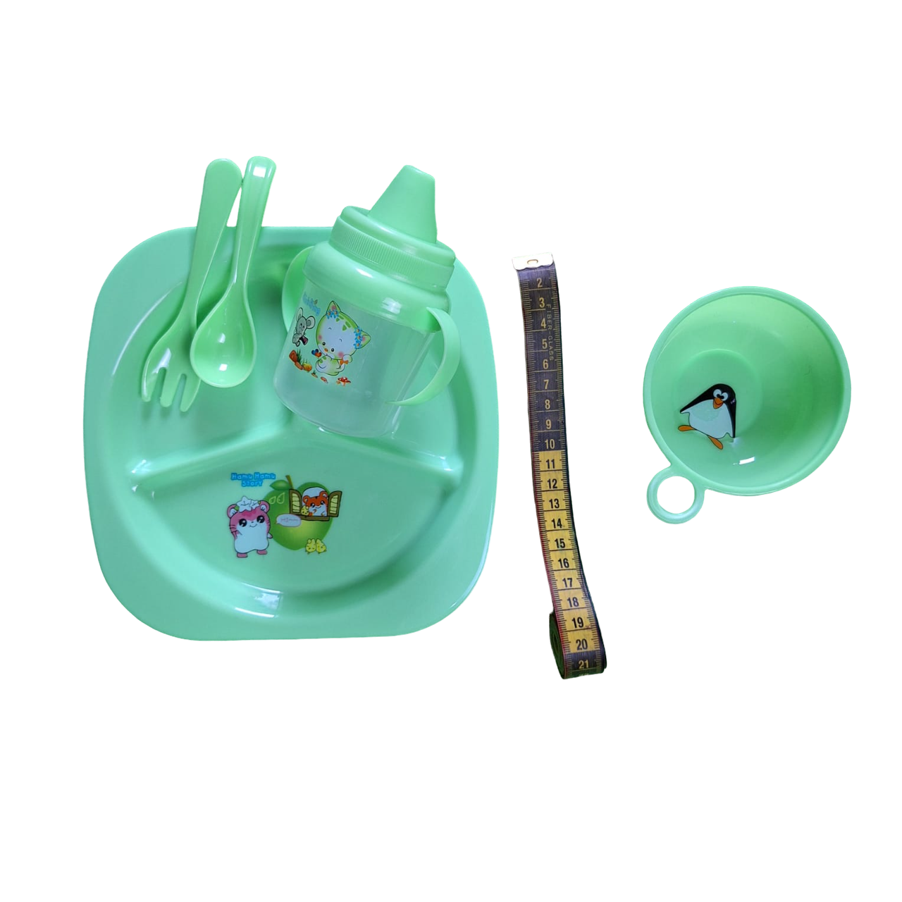 Juego De Plato, Taza, Cubiertos Vaso Entrenador Color Verde Para Bebes