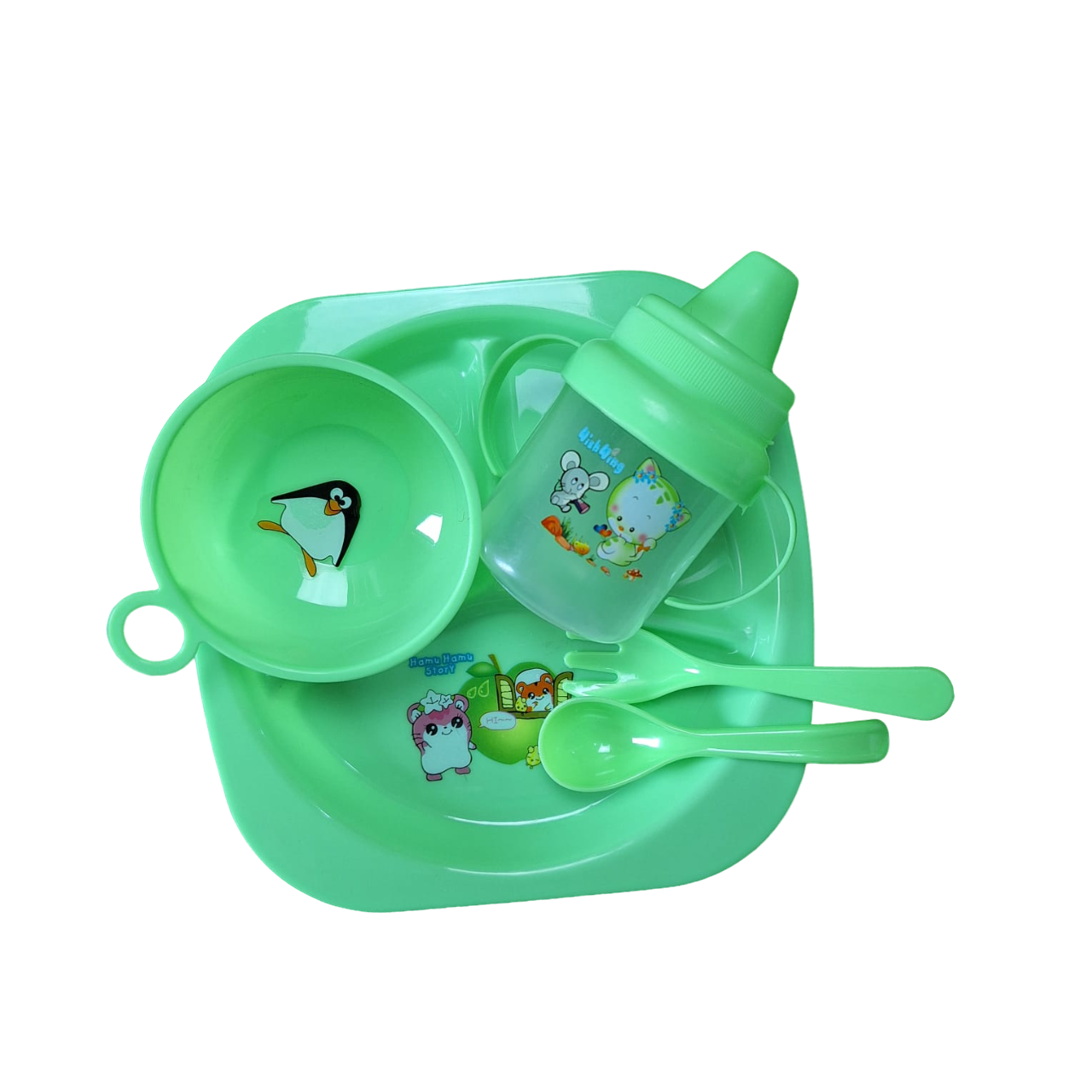 Juego De Plato, Taza, Cubiertos Vaso Entrenador Color Verde Para Bebes