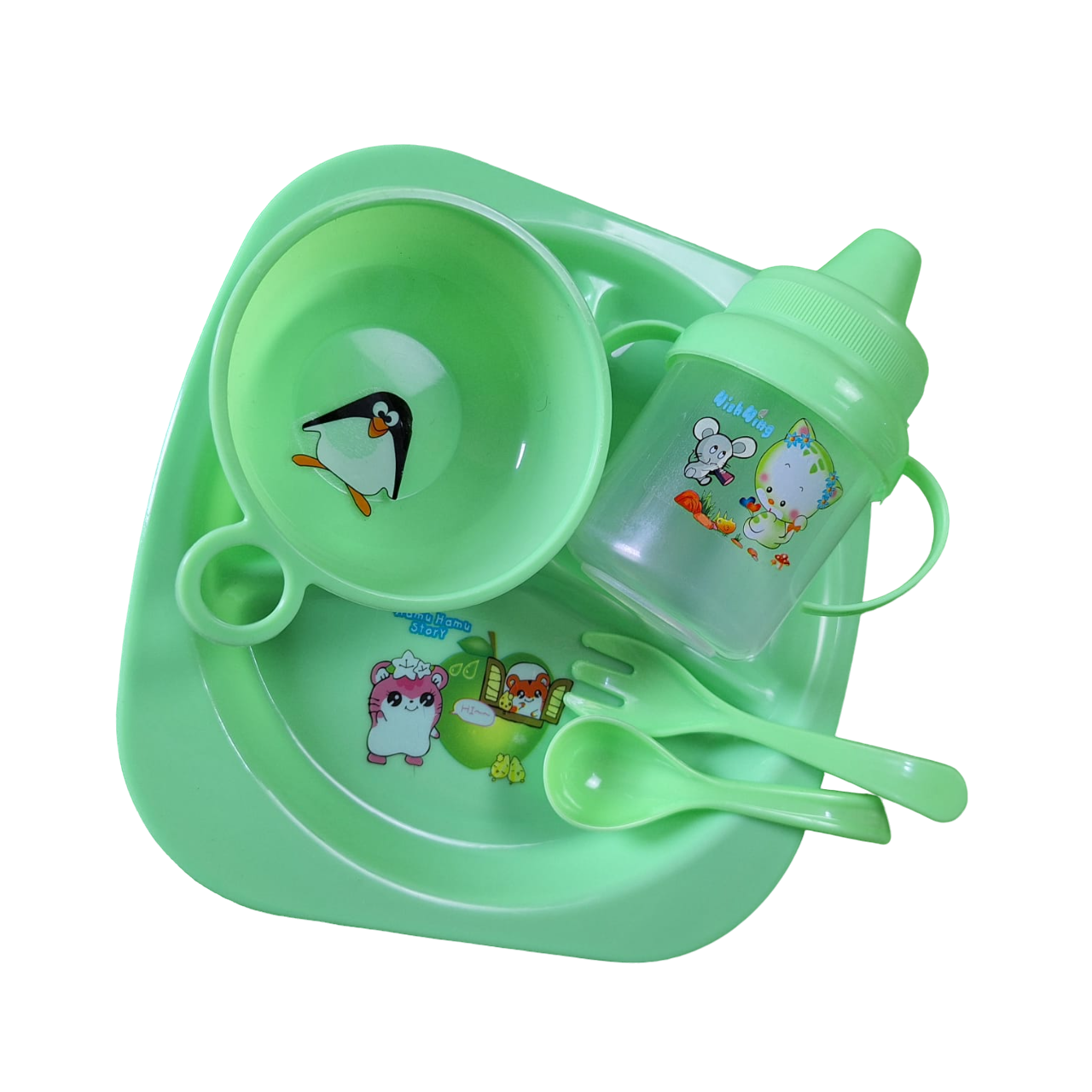 Juego De Plato, Taza, Cubiertos Vaso Entrenador Color Verde Para Bebes