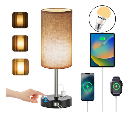 Lámpara De Noche Buró Touch De Mesa Con 2 Usb Y Bulbo Led