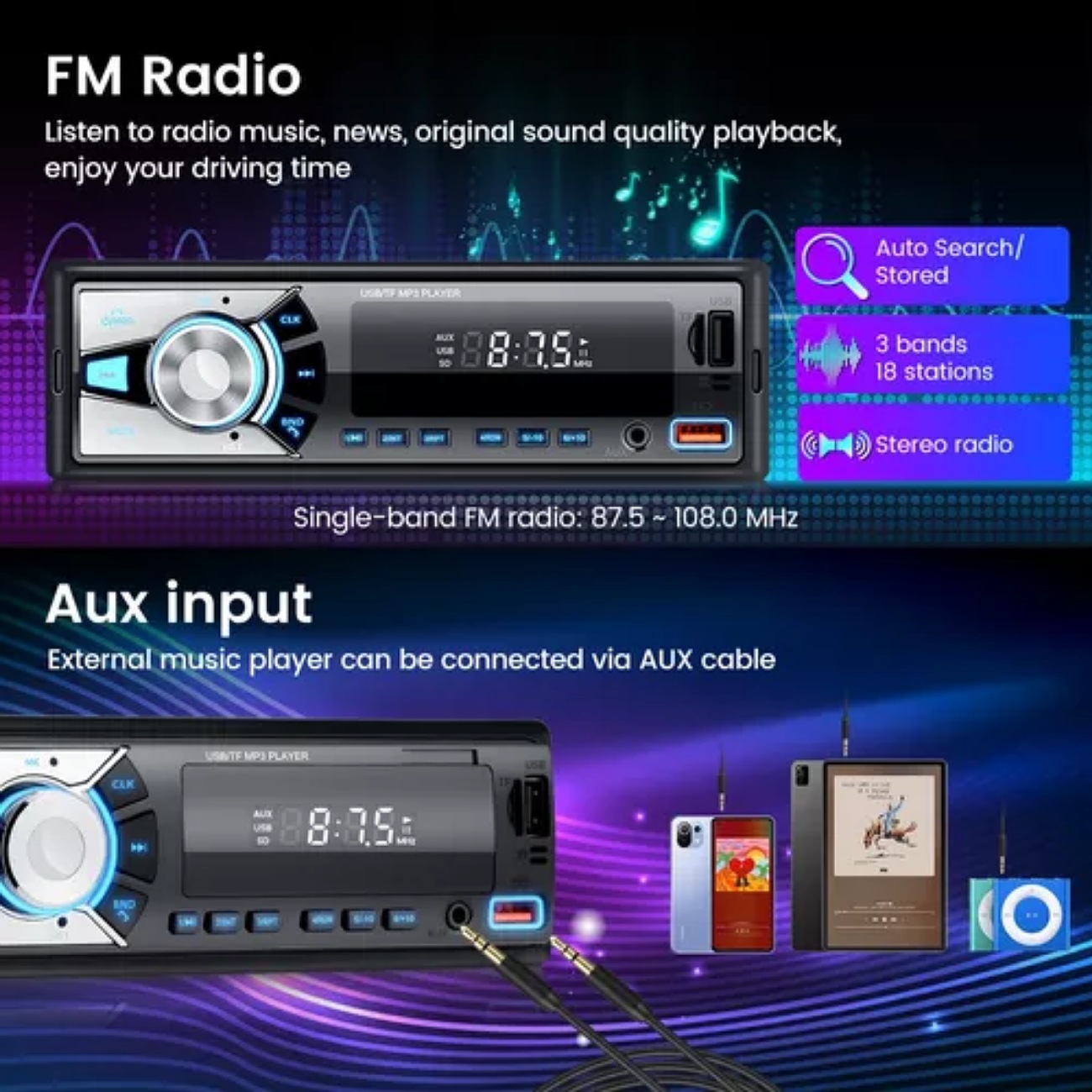Auto Estéreo Bluetooth Reproductor Mp3 Radio Con 2 Usb Aux