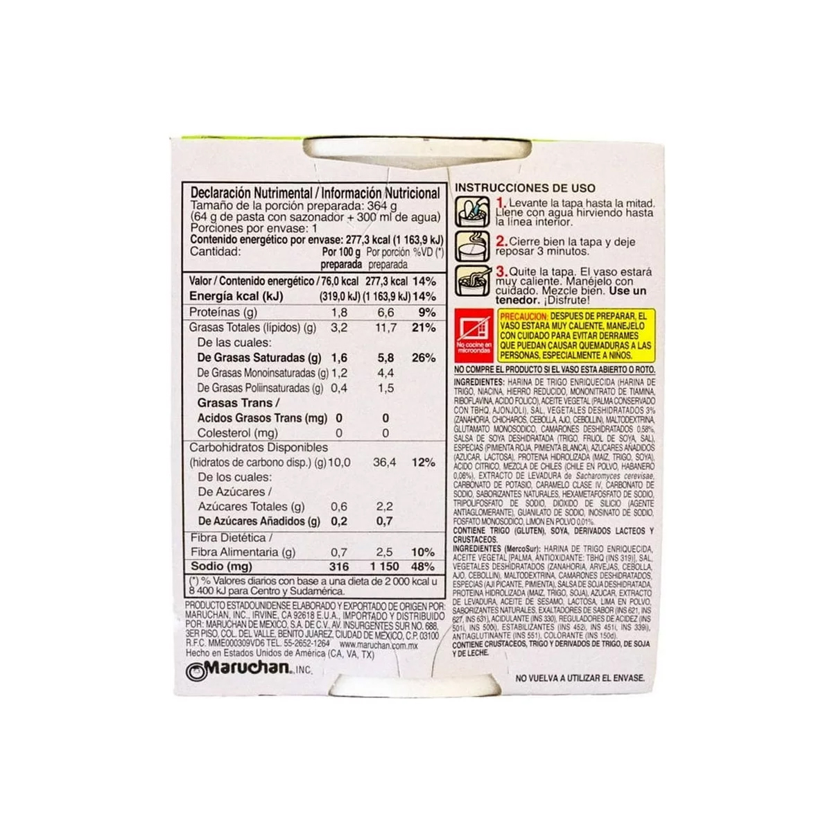 Sopa Maruchan Camarón, Limón y Habanero 22 Piezas de 64 g c/u