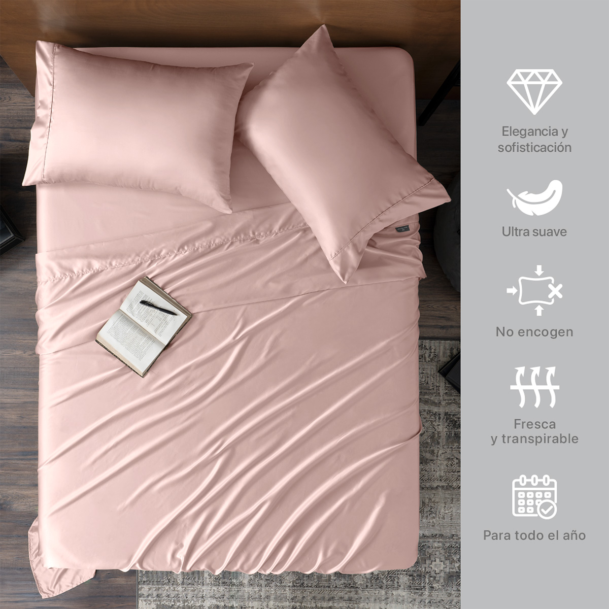 Sábanas de Satín Individual Tipo Seda Suave y Lujosa Con Fundas Rosa Real Textil.