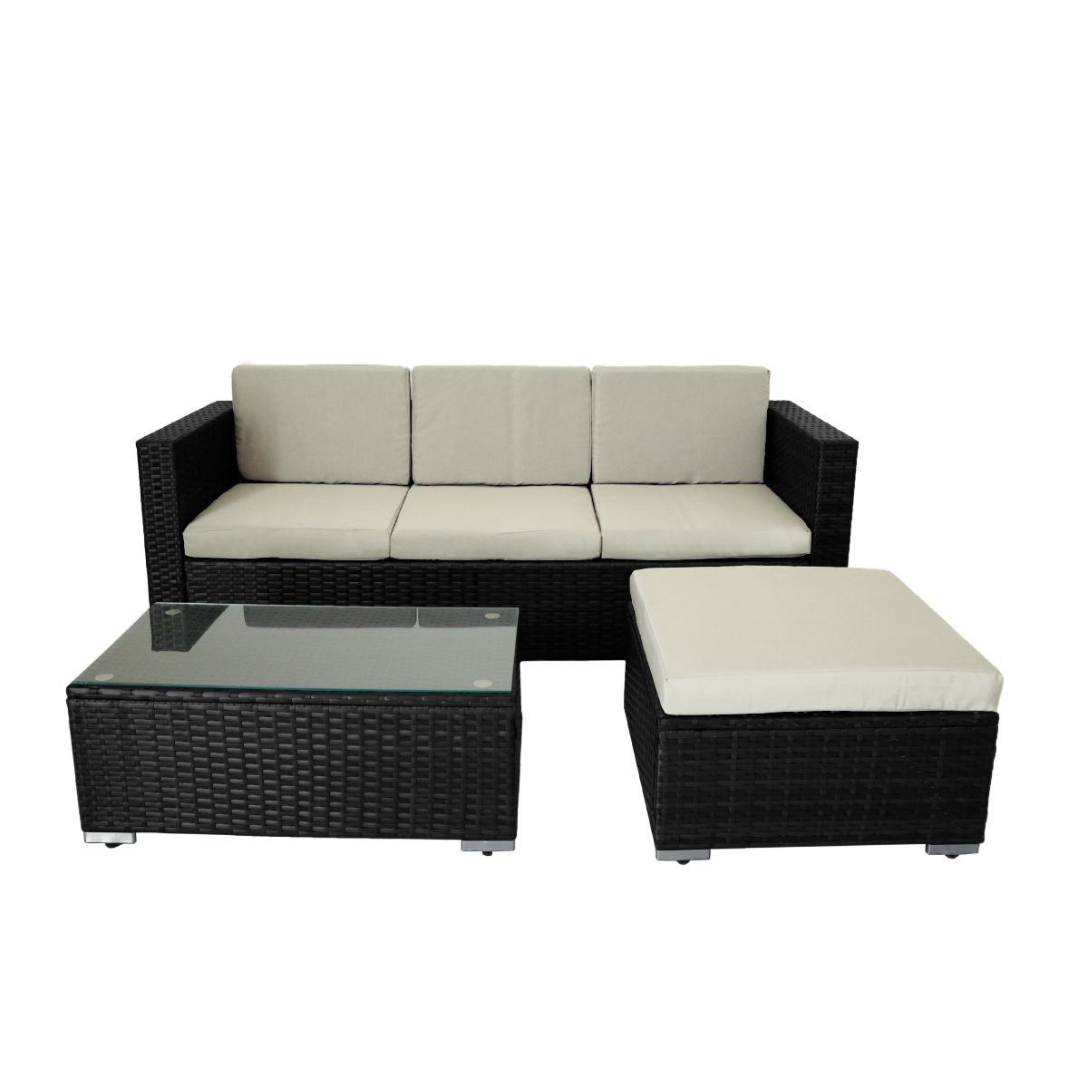 Ilios Innova Juego de Sala para jardín esquinera fabricada en mimbre sintético color negro incluye 2 sofás para exterior con cojines impermeables y 1 mesa centro de cristal templado