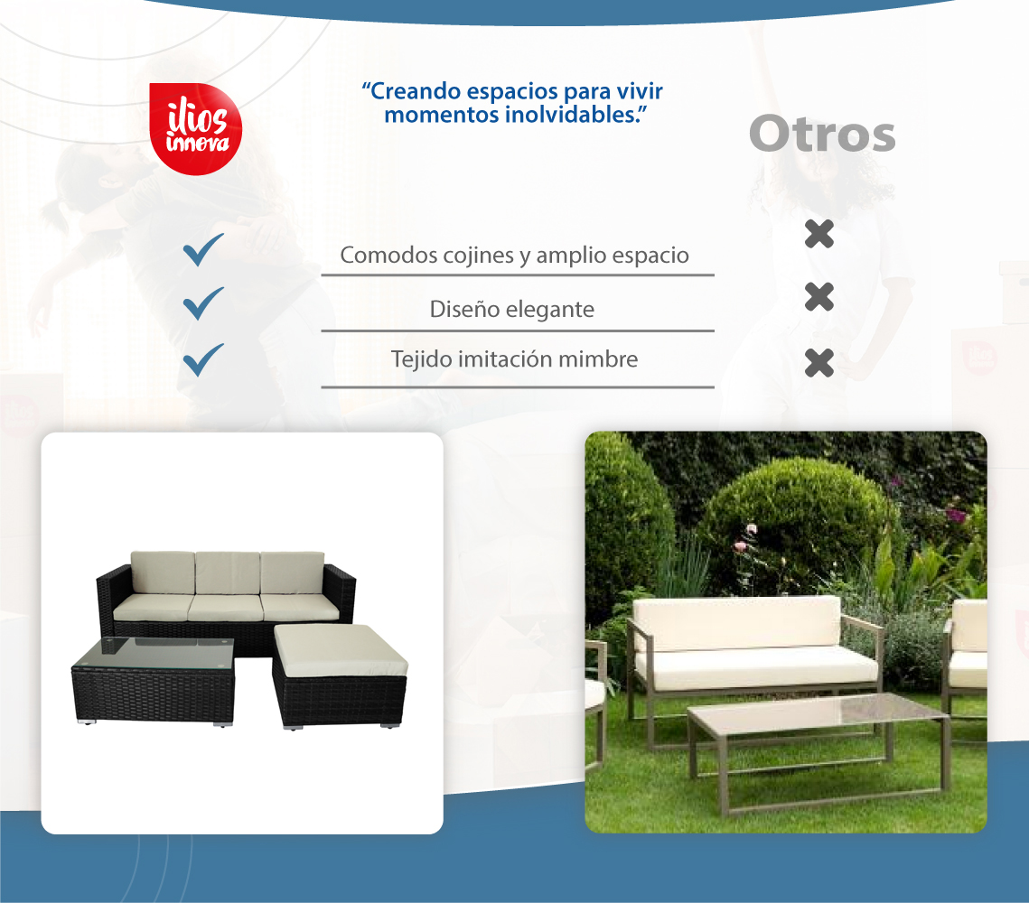 Ilios Innova Juego de Sala para jardín esquinera fabricada en mimbre sintético color negro incluye 2 sofás para exterior con cojines impermeables y 1 mesa centro de cristal templado