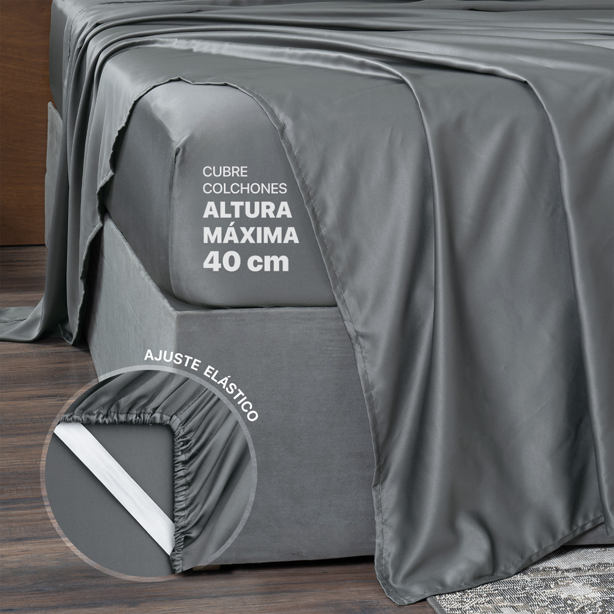 Sábanas de Satín Matrimonial Tipo Seda Suave y Lujosa Con Fundas Gris Real Textil