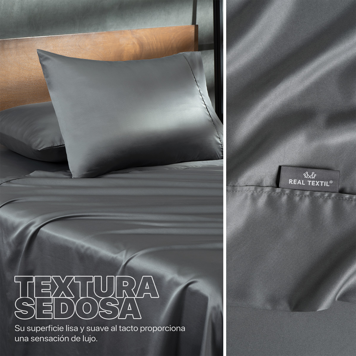 Sábanas de Satín Matrimonial Tipo Seda Suave y Lujosa Con Fundas Gris Real Textil