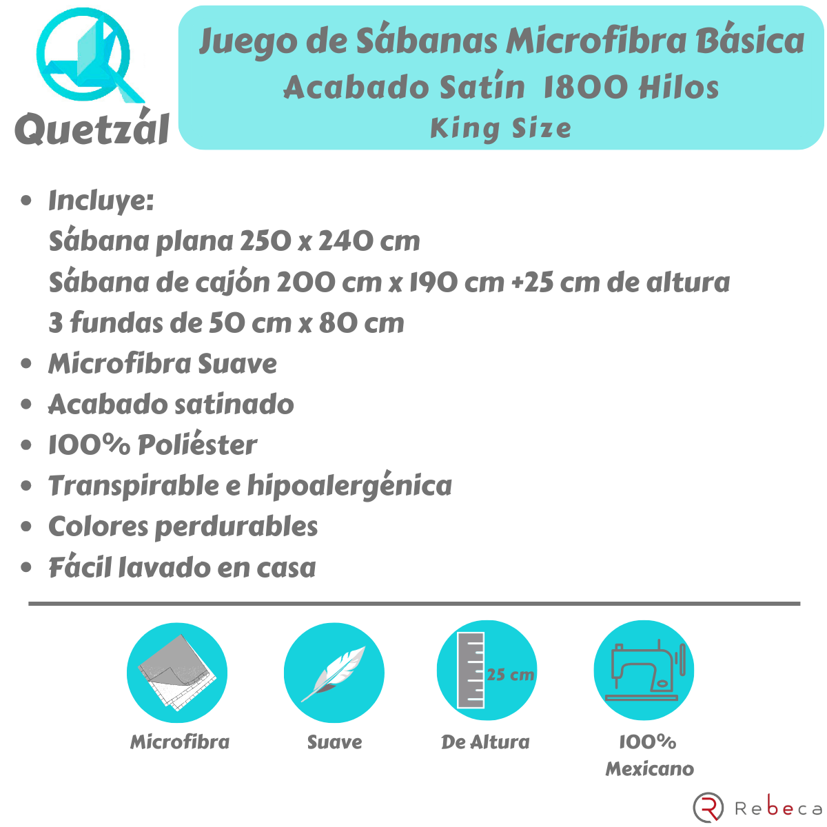 Juego de Sábanas de Microfibra Suave Quetzal -Satinado -King Size -Cielo