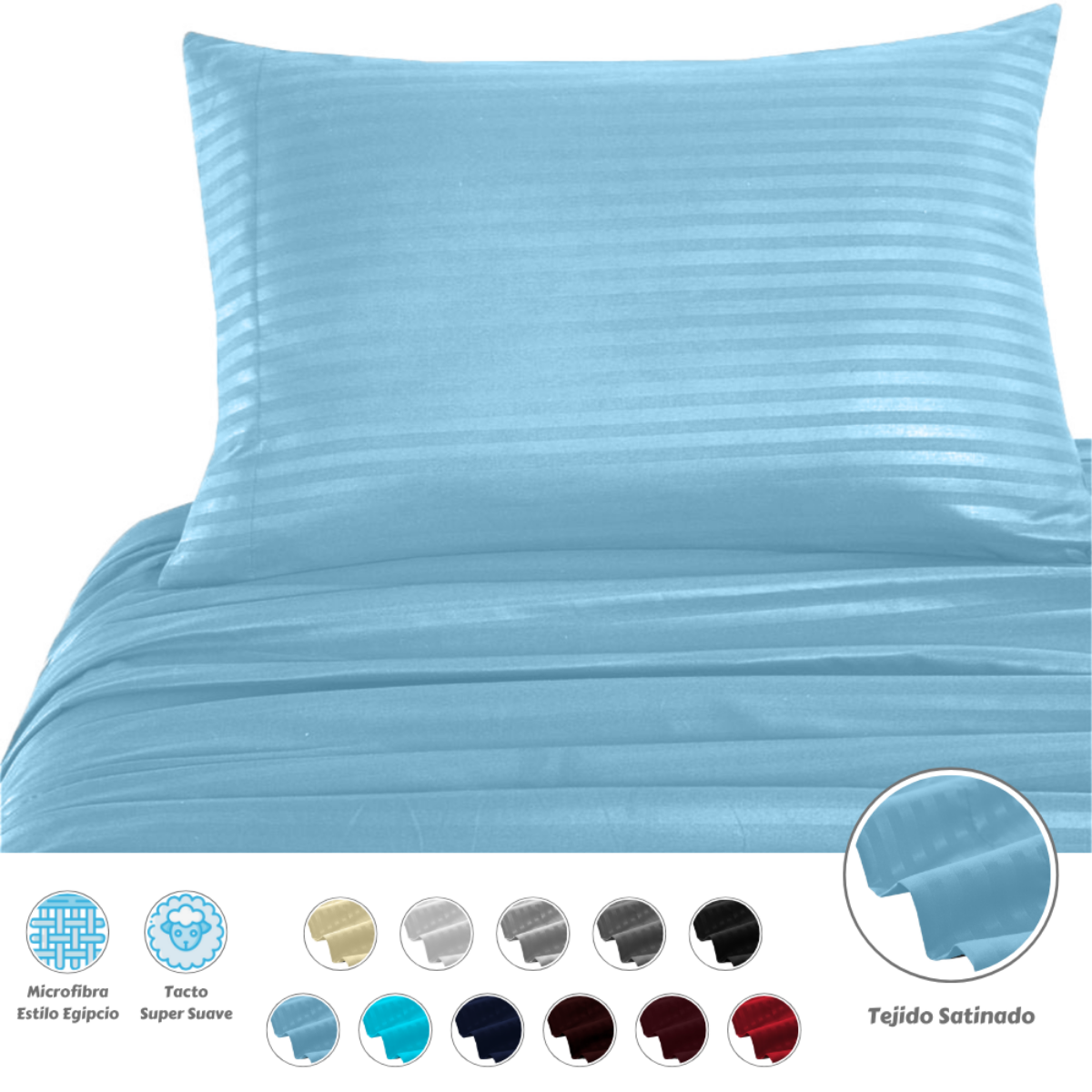 Juego de Sábanas de Microfibra Suave Quetzal -Satinado -King Size -Cielo