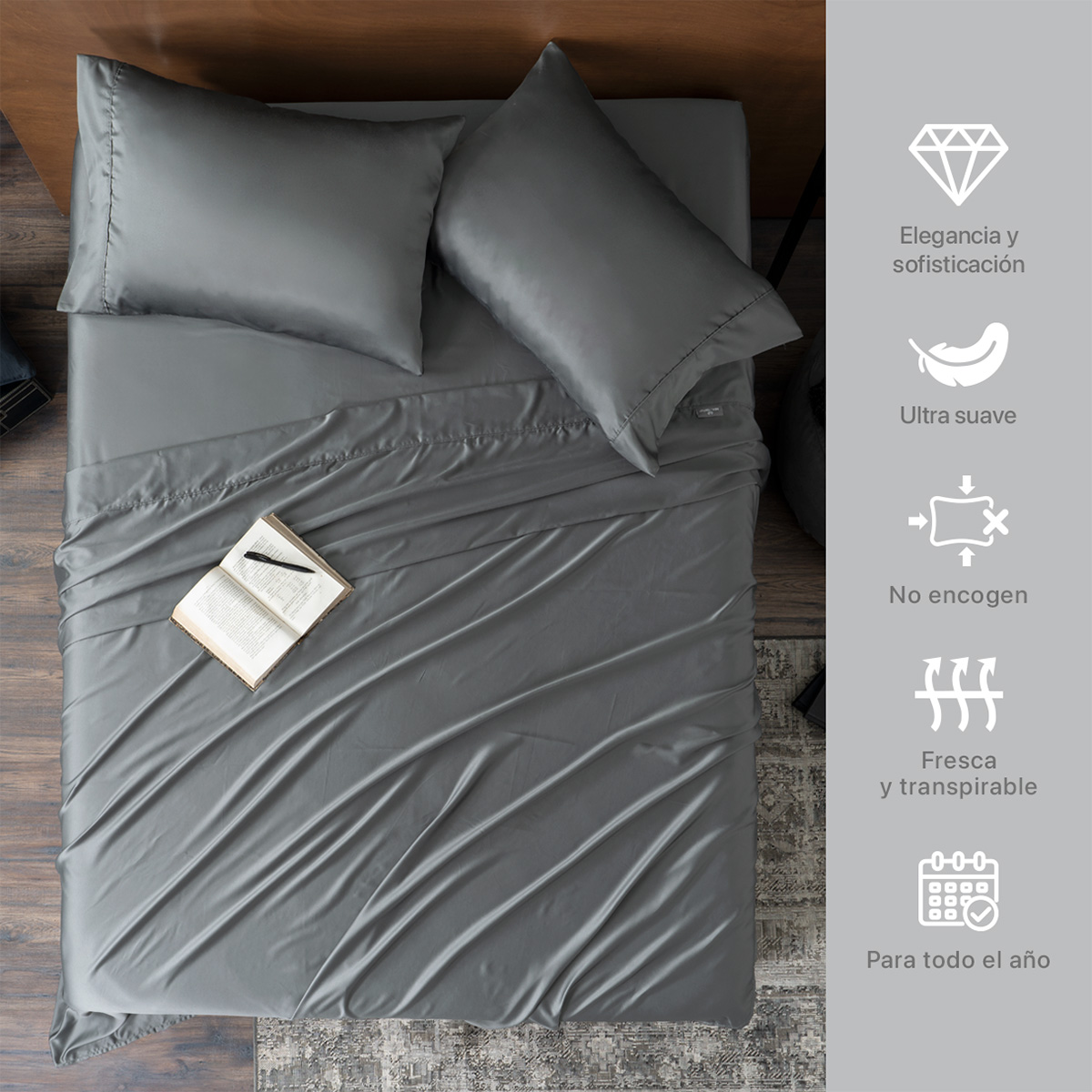Sábanas de Satín Matrimonial Tipo Seda Suave y Lujosa Con Fundas Gris Real Textil