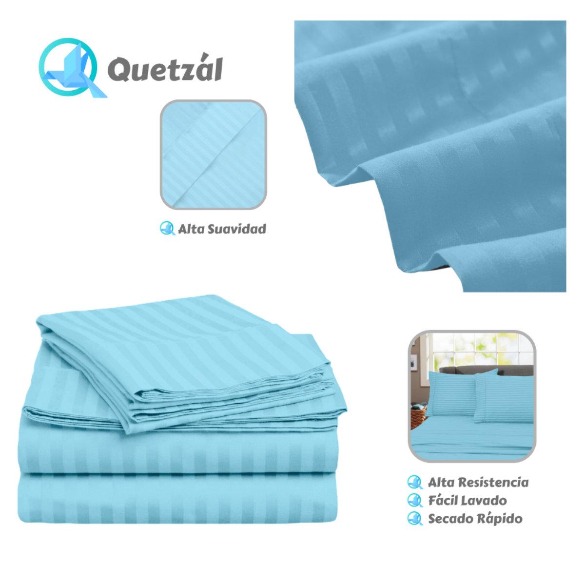 Juego de Sábanas de Microfibra Suave Quetzal -Satinado -King Size -Cielo