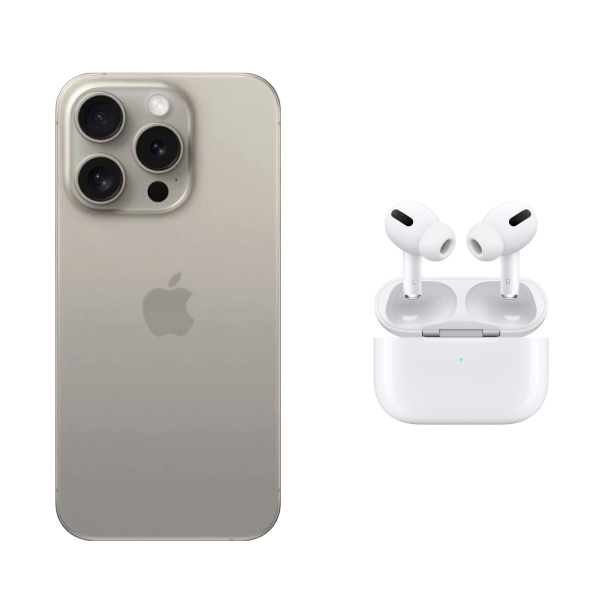 iPhone 15 Pro 128GB Natural Titanium + Audífonos inalámbricos.
