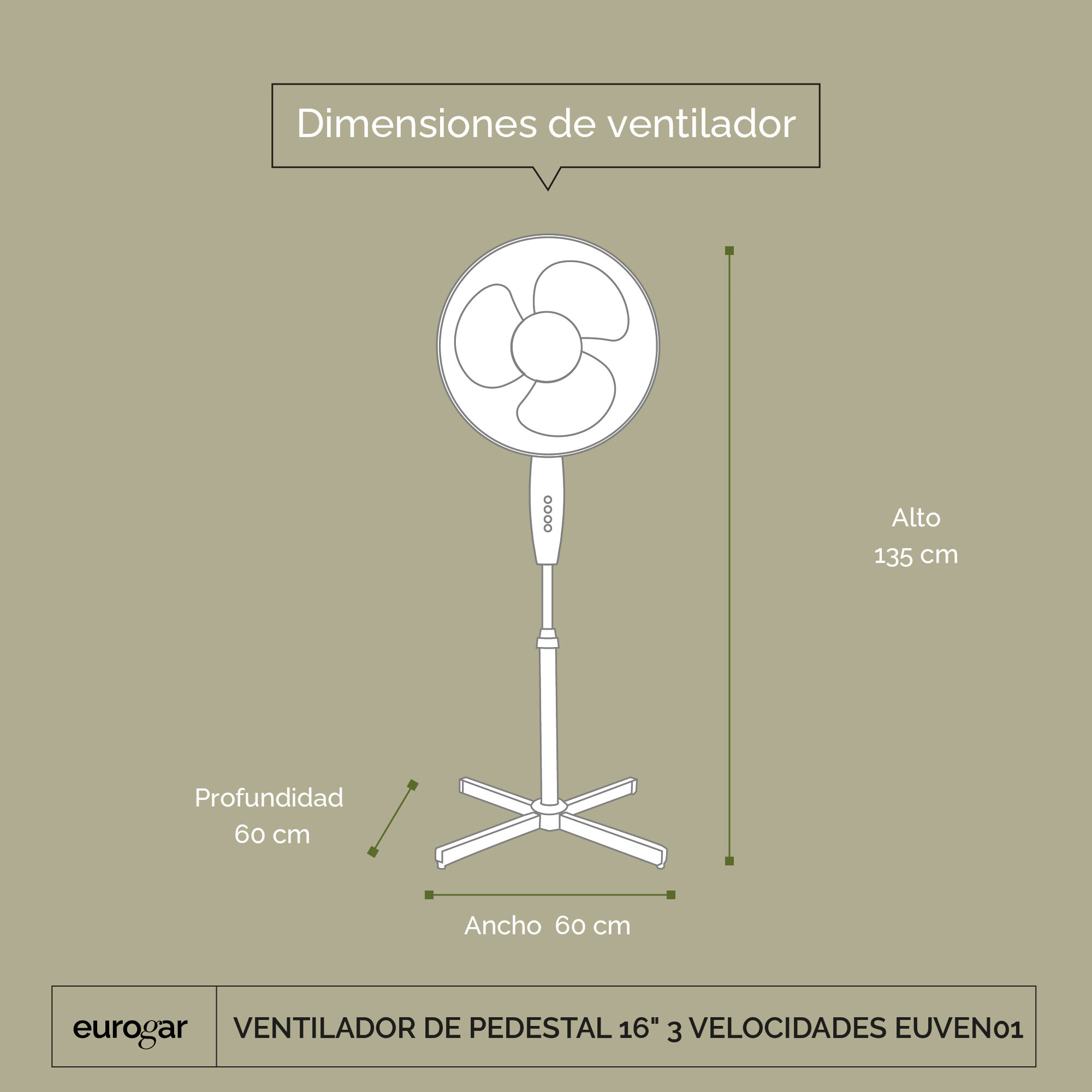 Ventilador De Pedestal 16 Pulgadas 3 Velocidades Con Oscilación Eurogar EUVEN01