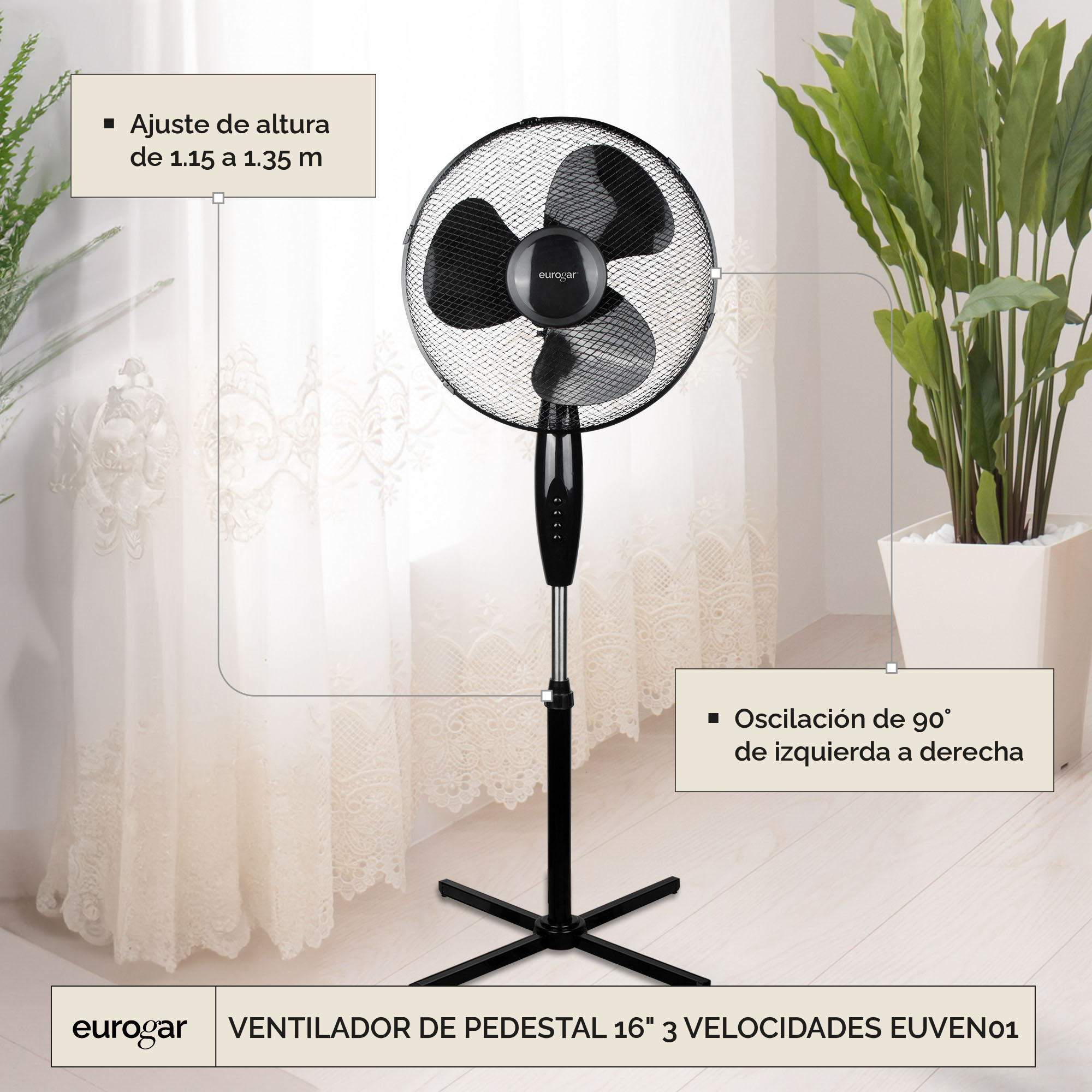 Ventilador De Pedestal 16 Pulgadas 3 Velocidades Con Oscilación Eurogar EUVEN01
