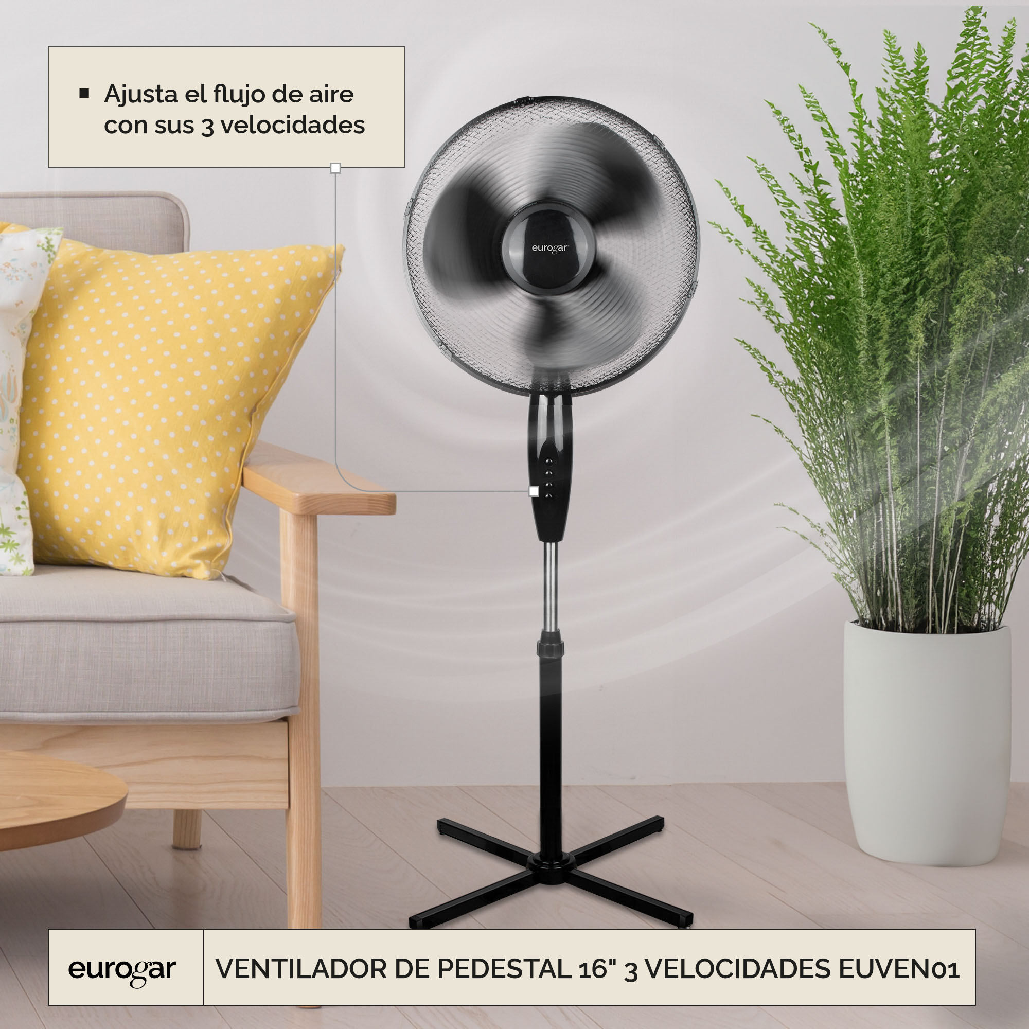 Ventilador De Pedestal 16 Pulgadas 3 Velocidades Con Oscilación Eurogar EUVEN01