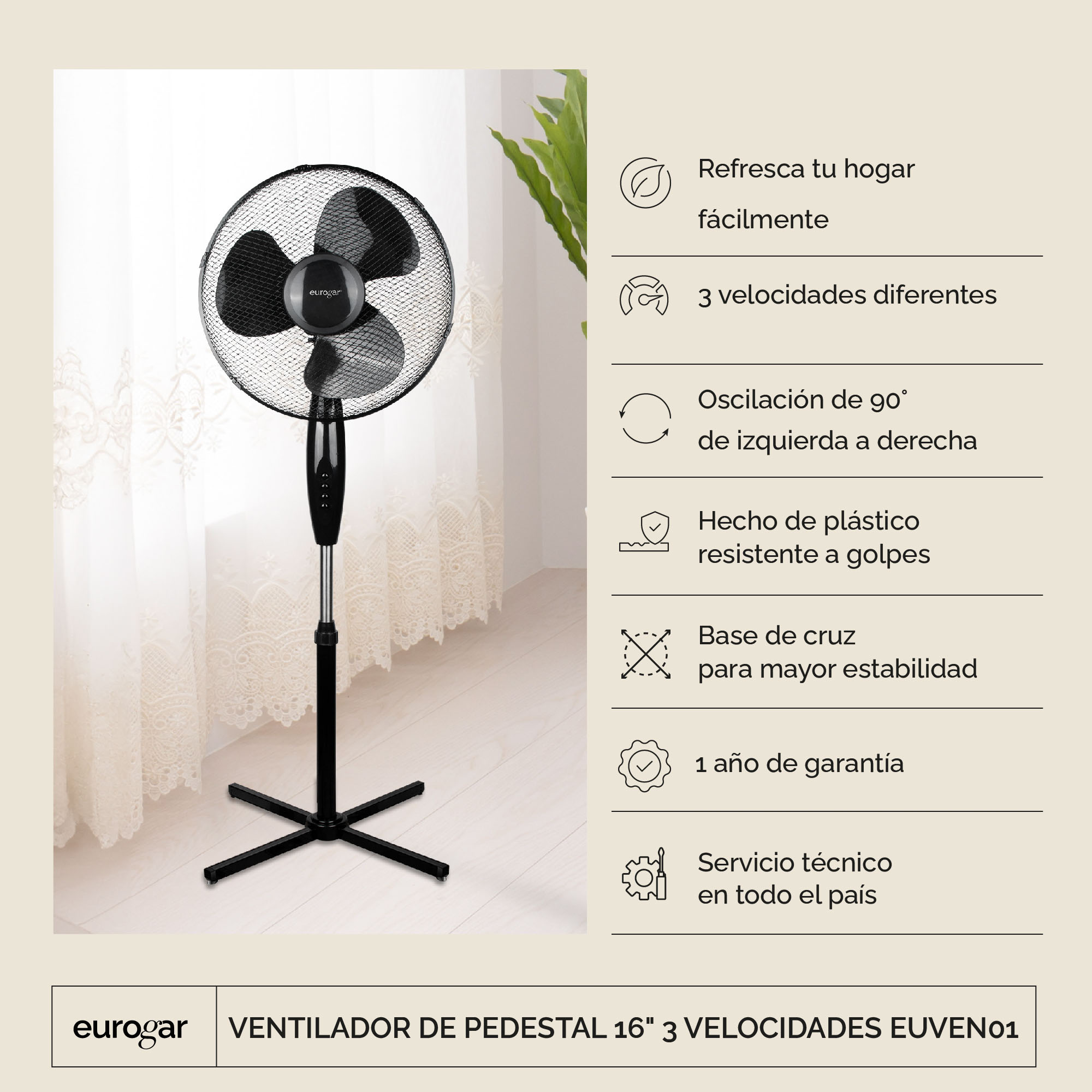 Ventilador De Pedestal 16 Pulgadas 3 Velocidades Con Oscilación Eurogar EUVEN01