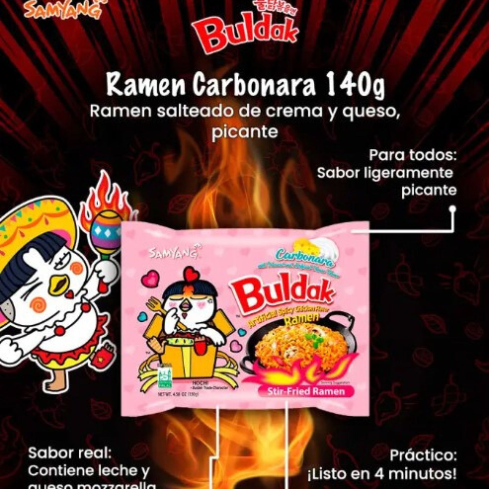 Sopa Instantánea Ramen Coreana Carbonara Picante Buldak 20 pzs