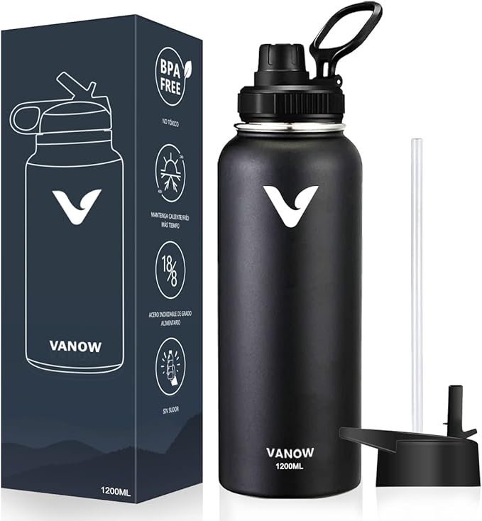 Termo de Acero Inoxidable, Termo de Agua con 2 Tapas, para Agua Fría (24 horas) o Caliente (12 horas), Doble Pared y Tapa Hermética Antigoteo, con Asa para Transportar (1180ml/40Oz, Negro).