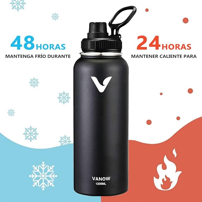 Termo de Acero Inoxidable, Termo de Agua con 2 Tapas, para Agua Fría (24 horas) o Caliente (12 horas), Doble Pared y Tapa Hermética Antigoteo, con Asa para Transportar (1180ml/40Oz, Negro).