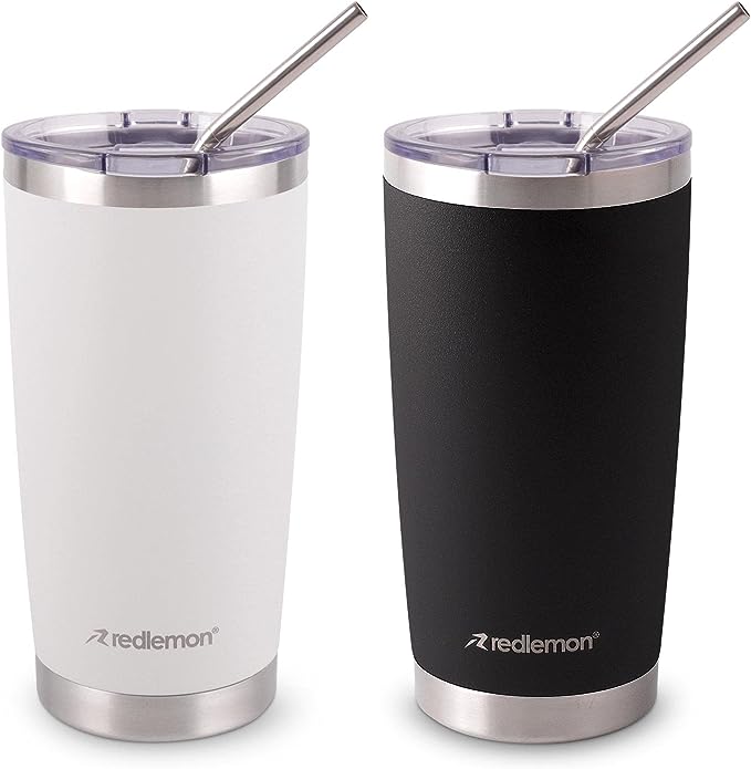 Redlemon Vaso Térmico Doble Pared de Acero Inoxidable 600 ml (2 Piezas). Termo para Agua y Café con Tapa Hermética. Taza Mantiene tu Bebida Caliente 4 Horas y Fría 6 Horas. Incluye Popotes y Limpiador.