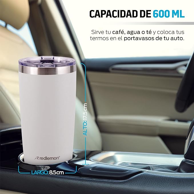 Redlemon Vaso Térmico Doble Pared de Acero Inoxidable 600 ml (2 Piezas). Termo para Agua y Café con Tapa Hermética. Taza Mantiene tu Bebida Caliente 4 Horas y Fría 6 Horas. Incluye Popotes y Limpiador.