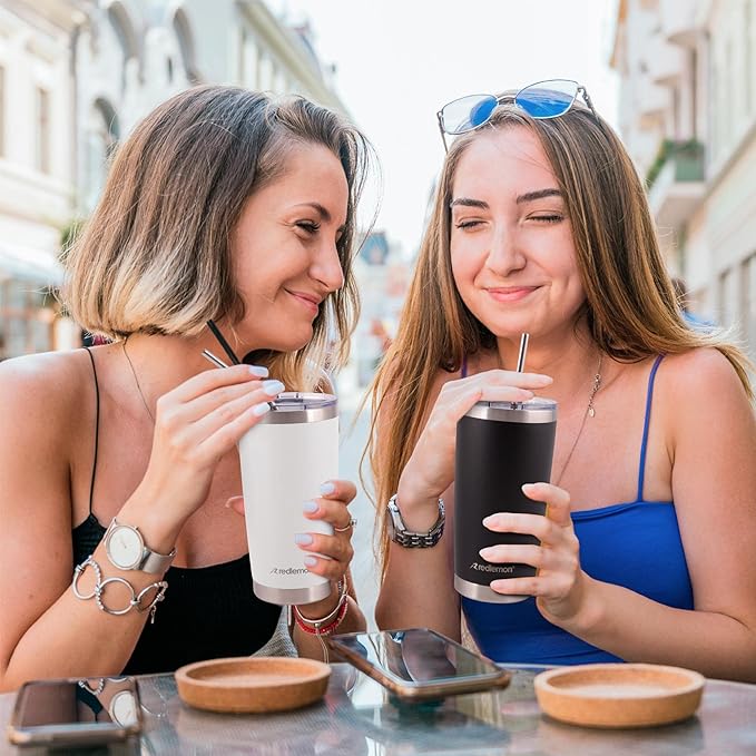 Redlemon Vaso Térmico Doble Pared de Acero Inoxidable 600 ml (2 Piezas). Termo para Agua y Café con Tapa Hermética. Taza Mantiene tu Bebida Caliente 4 Horas y Fría 6 Horas. Incluye Popotes y Limpiador.